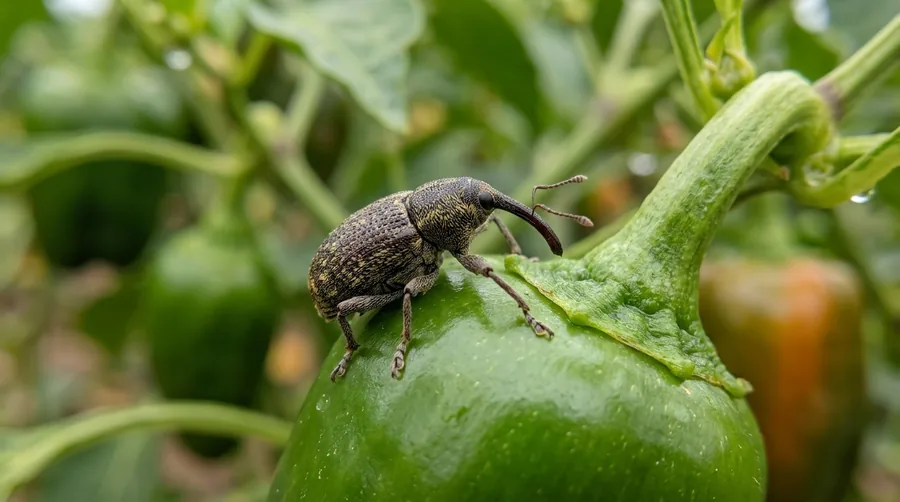 Small dark pepper weevil with a long curved snout on a green pepper fruit