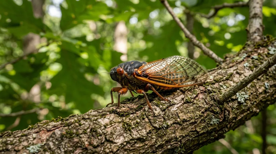 Black periodical cicada with bright red eyes and orange wing veins clinging to a twig