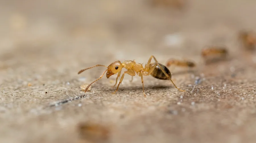 Tiny pale yellow pharaoh ants trailing along a countertop edge near a wall outlet