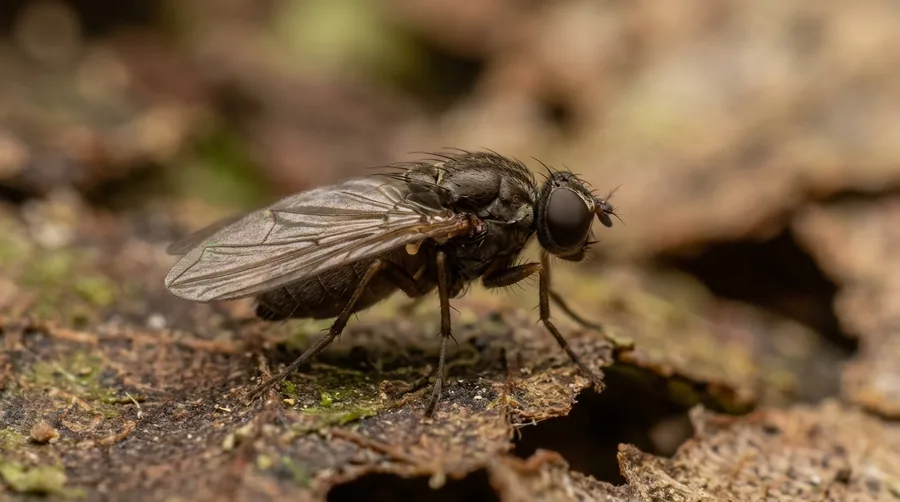 Tiny humpbacked phorid fly with an arched back on a white surface