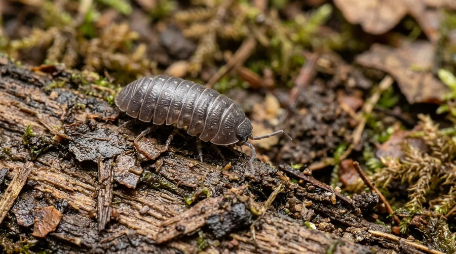 Gray armored pillbug partially rolled into a ball on damp soil beside mulch