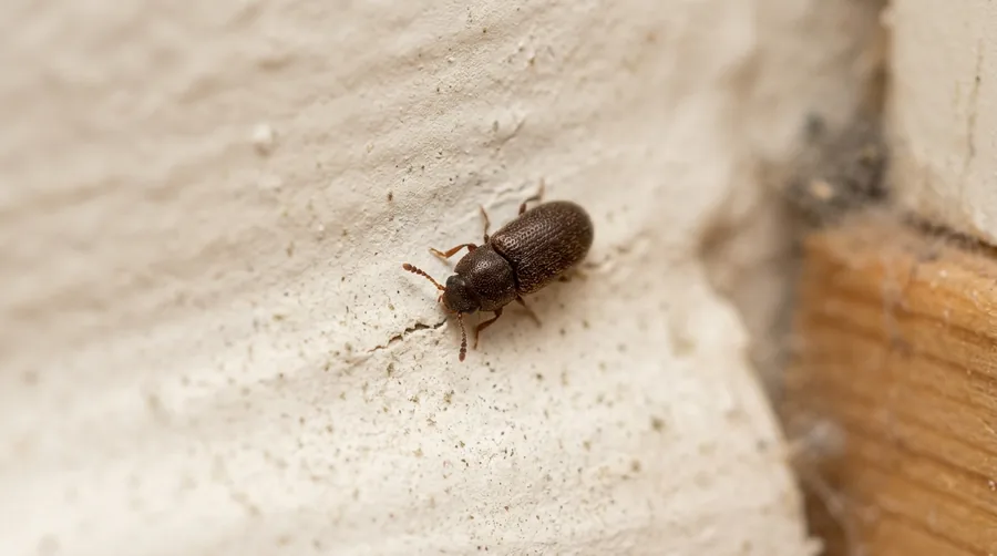 Very small brown plaster beetle on a damp painted wall surface, shown magnified
