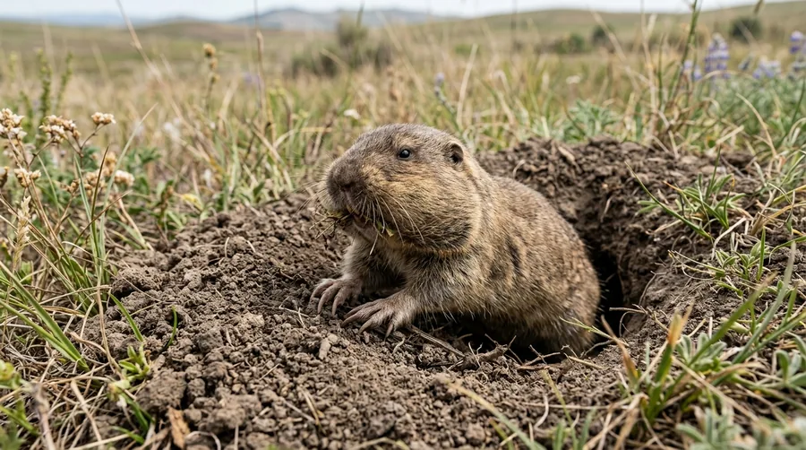 Stocky brown pocket gopher with large front claws emerging from a soil mound