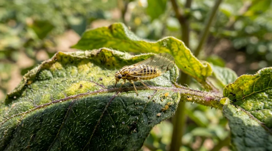 Tiny cicada-like potato psyllid with clear wings held rooflike over its body on a potato leaf
