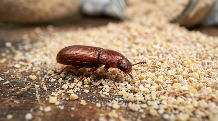 Small shiny reddish-brown red flour beetle on spilled flour