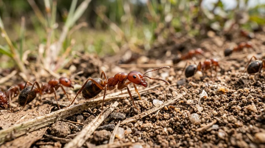 Reddish-brown red imported fire ants swarming a dome-shaped dirt mound in a lawn