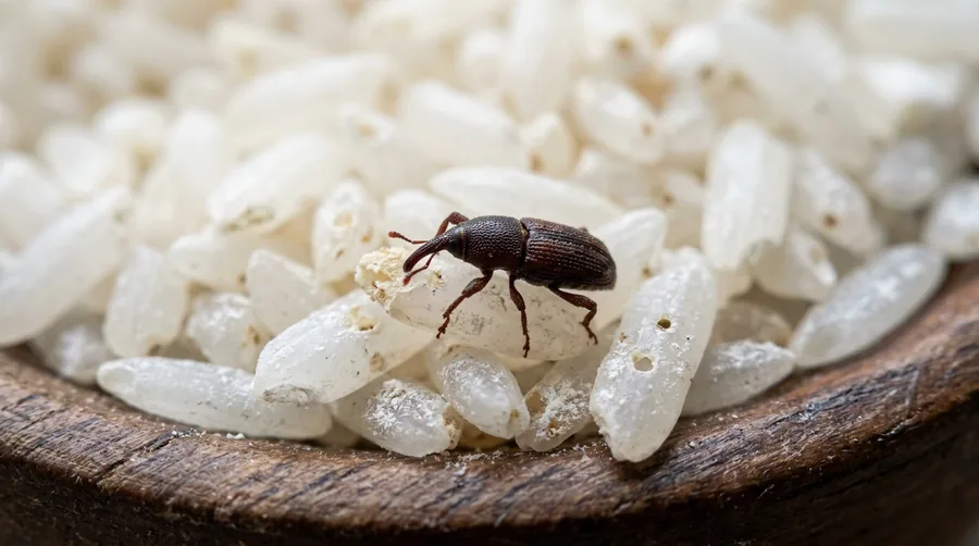 Small reddish-brown rice weevil with a long snout and pale back spots on scattered rice grains