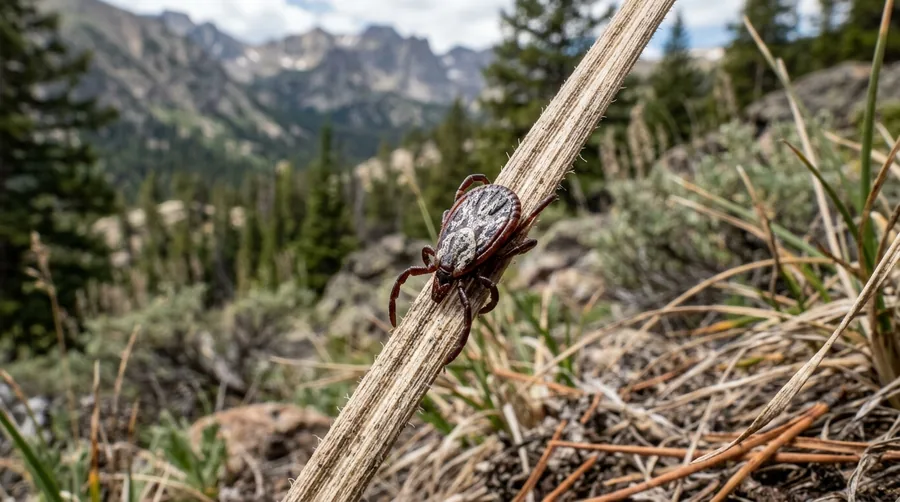 Brown Rocky Mountain wood tick with a pale gray ornate shield on a person's fingertip