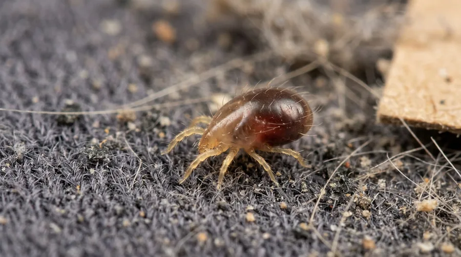 Extreme close-up of a tiny pale rodent mite crawling on a light surface near a wall crack