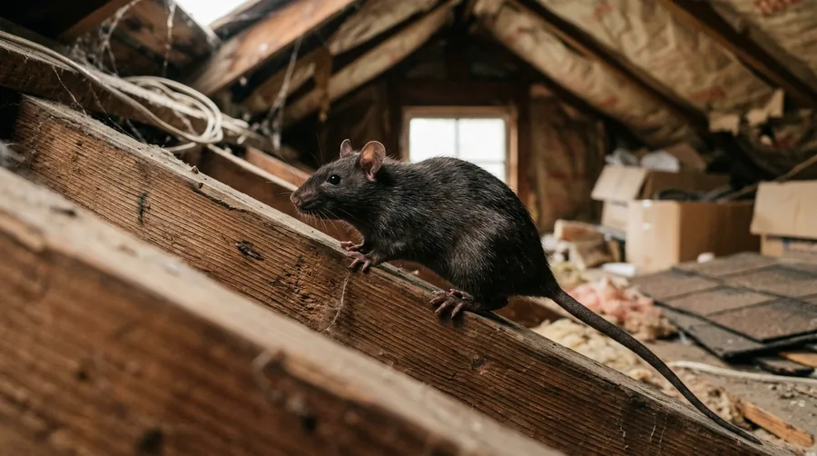 Sleek brown roof rat with large ears and a long tail on an attic beam