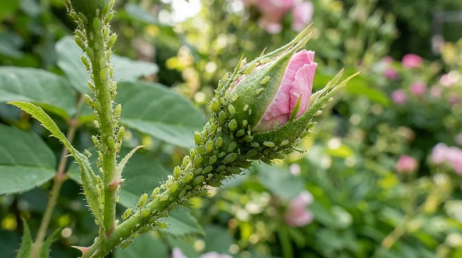 Cluster of green and pink rose aphids on a rose bud and new shoot