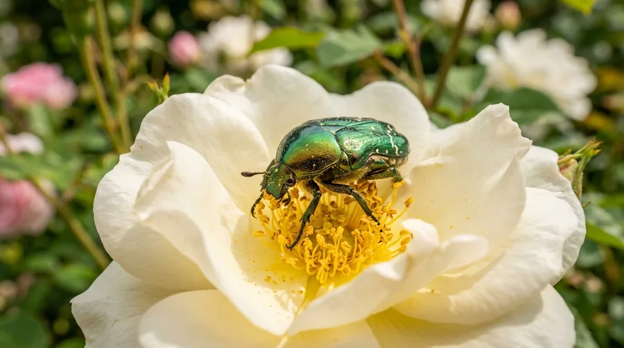 Slender tan rose chafer beetle with long spiny legs on a white rose blossom