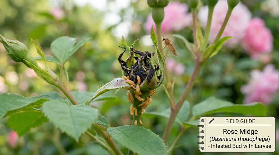 Blackened, deformed rose buds and shoot tips damaged by tiny rose midge larvae