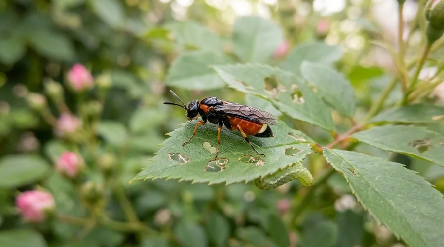 Pale green slug-like rose sawfly larva skeletonizing the surface of a green rose leaf