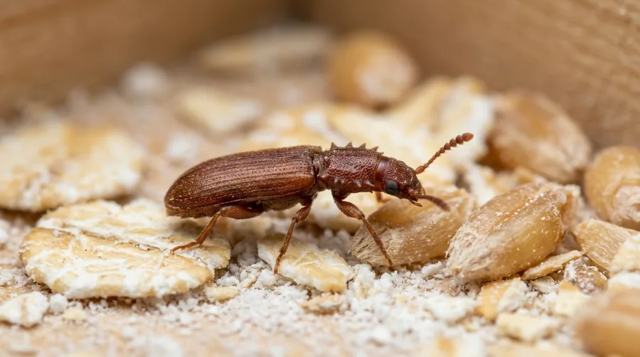 Tiny slender dark brown sawtoothed grain beetle showing tooth-like projections on its thorax