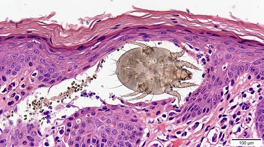 Microscope-style close-up of a rounded scabies mite in a skin burrow surrounded by irritated skin