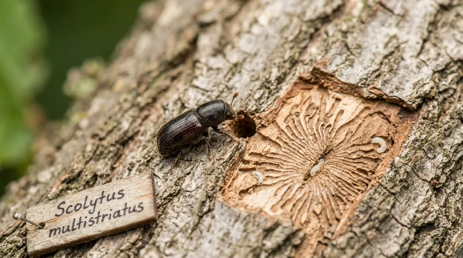 Small reddish-brown elm bark beetle beside branching galleries etched under elm bark