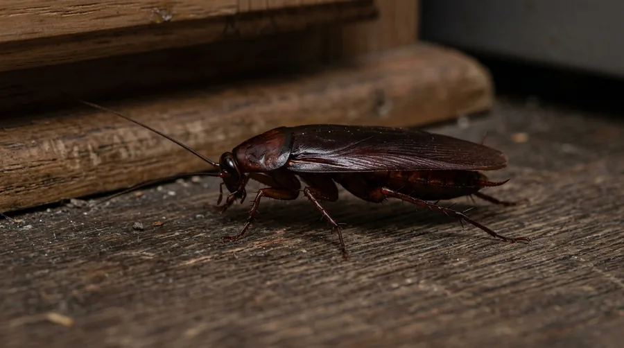 Large glossy mahogany-brown smokybrown cockroach resting on wood siding at night