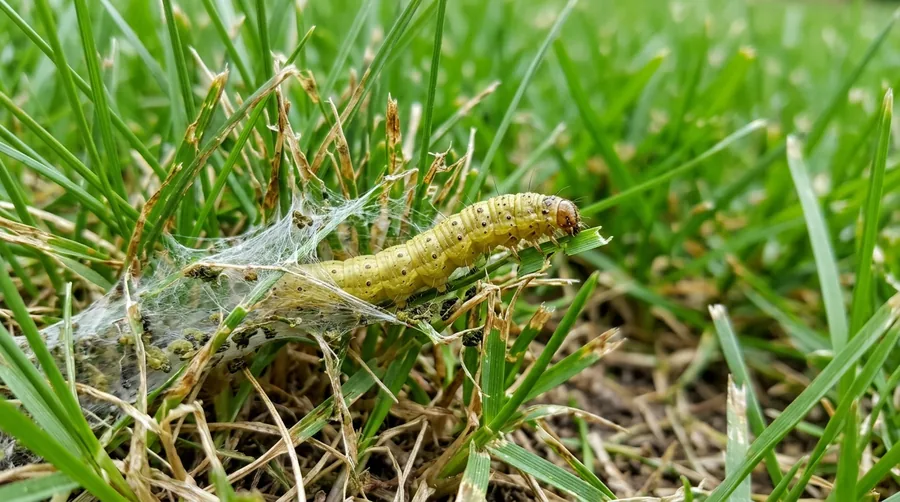 Gray-tan sod webworm caterpillar curled in the thatch of a home lawn
