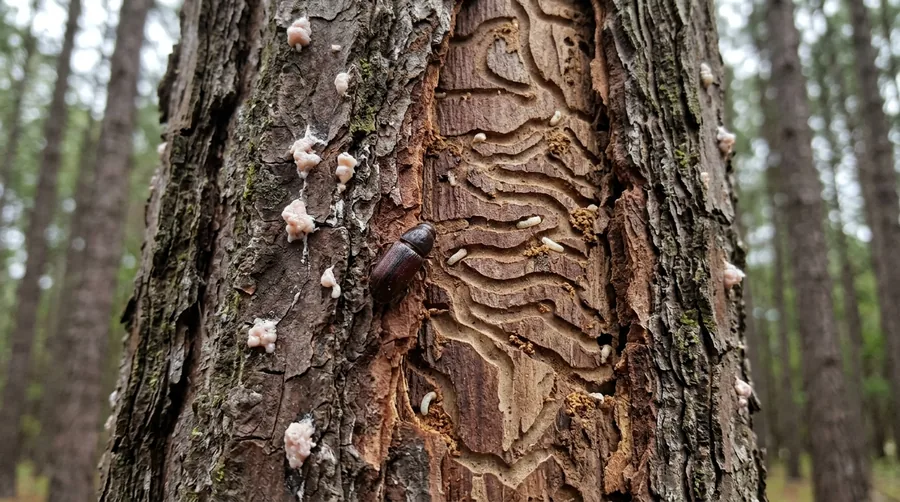 Tiny reddish-brown southern pine beetle beside winding S-shaped galleries etched under pine bark