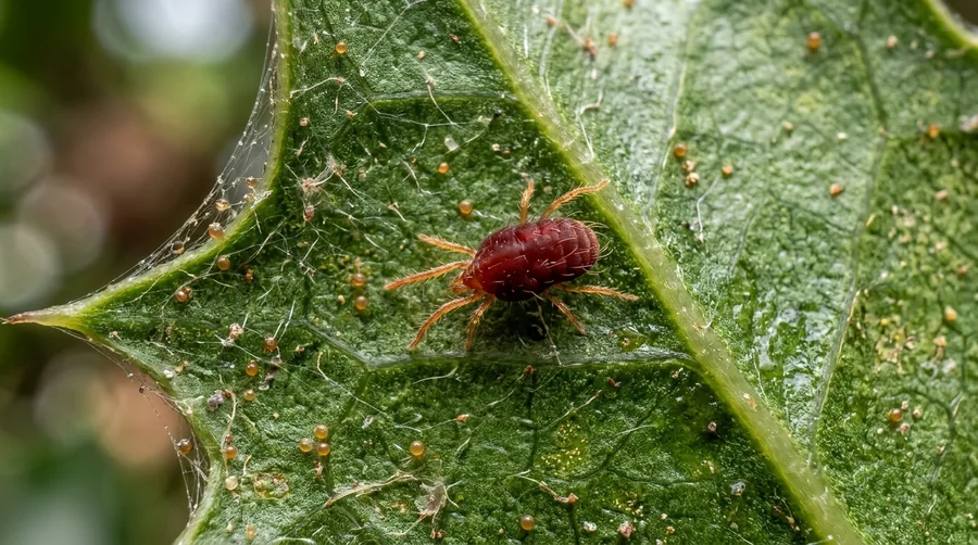 Stippled, bronzed azalea leaves with fine webbing and tiny reddish southern red mites underneath