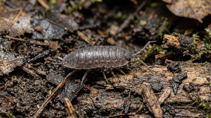 Gray, oval, segmented sowbug crawling on damp soil among mulch and decaying leaves
