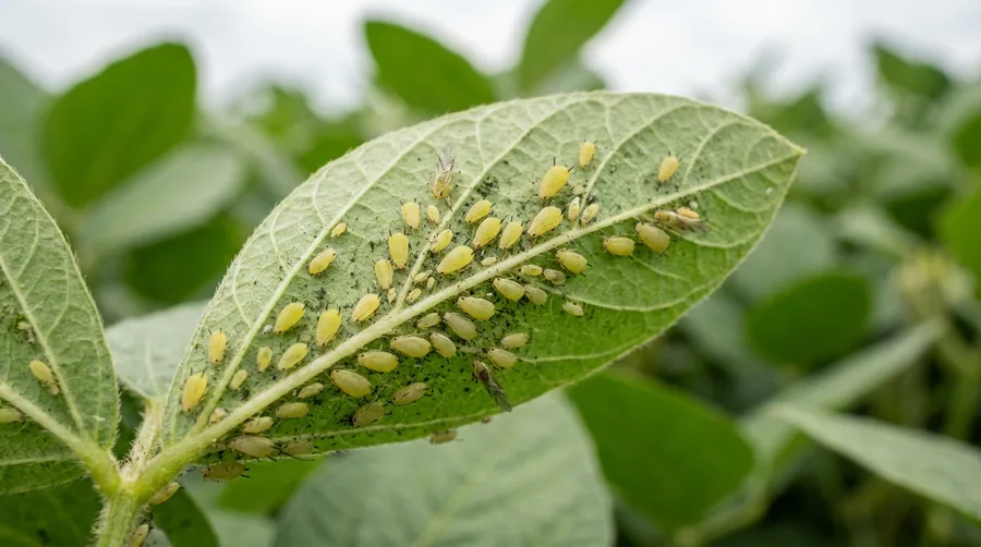 Tiny pale yellow-green soybean aphids clustered on the underside of a soybean leaf