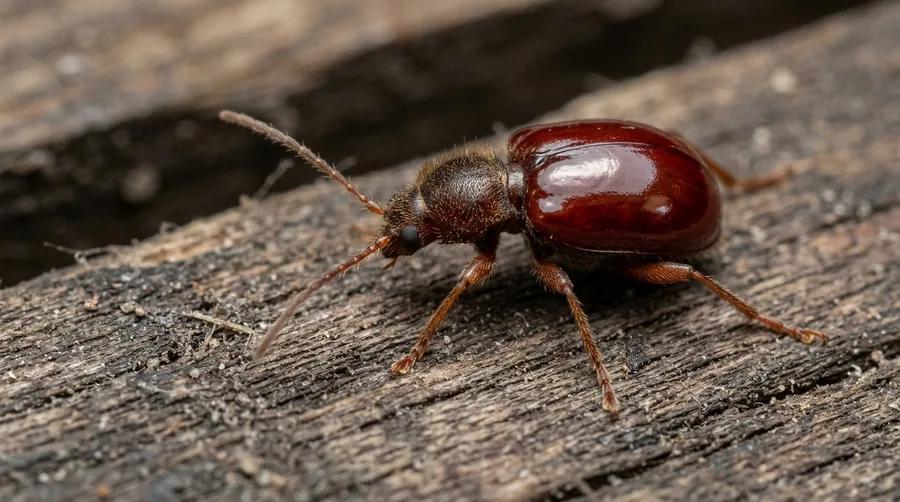 Shiny round-bodied reddish-brown spider beetle with long legs and antennae resembling a mite