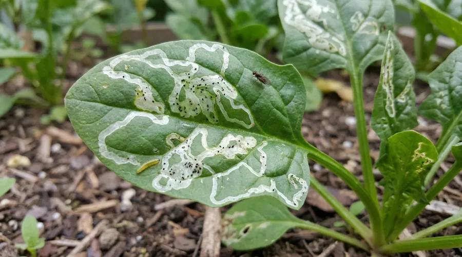 Spinach leaf with pale winding and blotchy mines caused by leafminer larvae tunneling inside