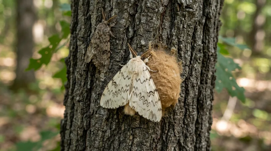 Hairy spongy moth caterpillar with blue and red spots on an oak leaf beside a tan egg mass