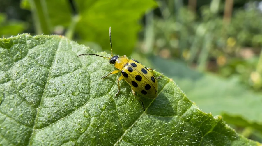 Yellow-green spotted cucumber beetle with twelve black spots on its wing covers on a squash leaf