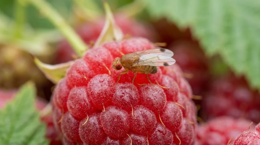 Small tan spotted wing drosophila fly with a dark spot on each wing tip on a ripe berry
