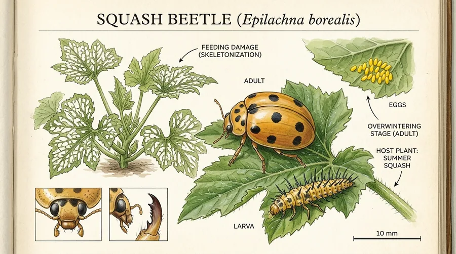 Orange-yellow squash beetle with large black spots resembling a big ladybug on a squash leaf