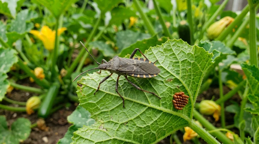 Flat grayish-brown squash bug on a squash leaf with orange bands along its abdomen