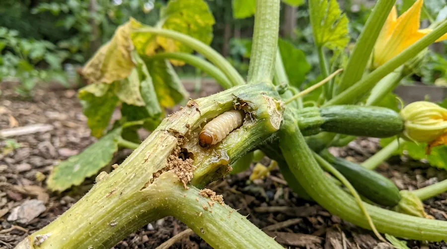 Fat white squash vine borer larva inside a split squash stem with sawdust-like frass