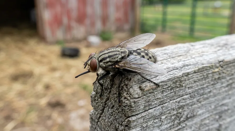 Gray stable fly resembling a house fly with a needle-like biting mouthpart pointing forward