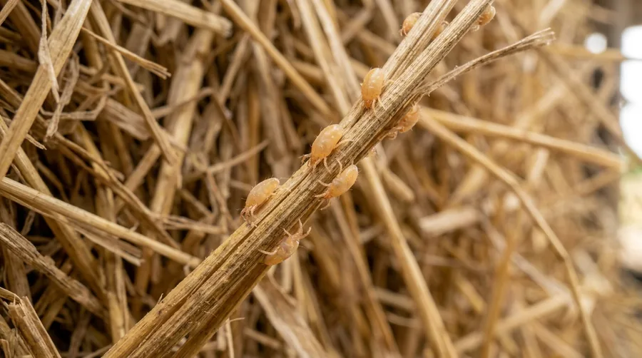 Highly magnified pale straw itch mite; itchy welts shown on a person's forearm
