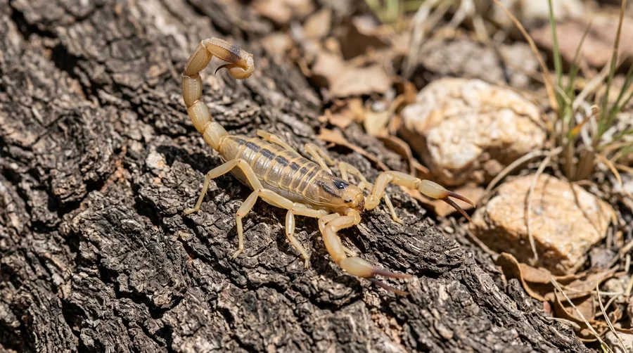 Tan striped bark scorpion with two dark lengthwise stripes on its back on a stone at night