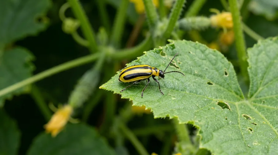 Small yellow striped cucumber beetle with three black stripes on a cucumber leaf