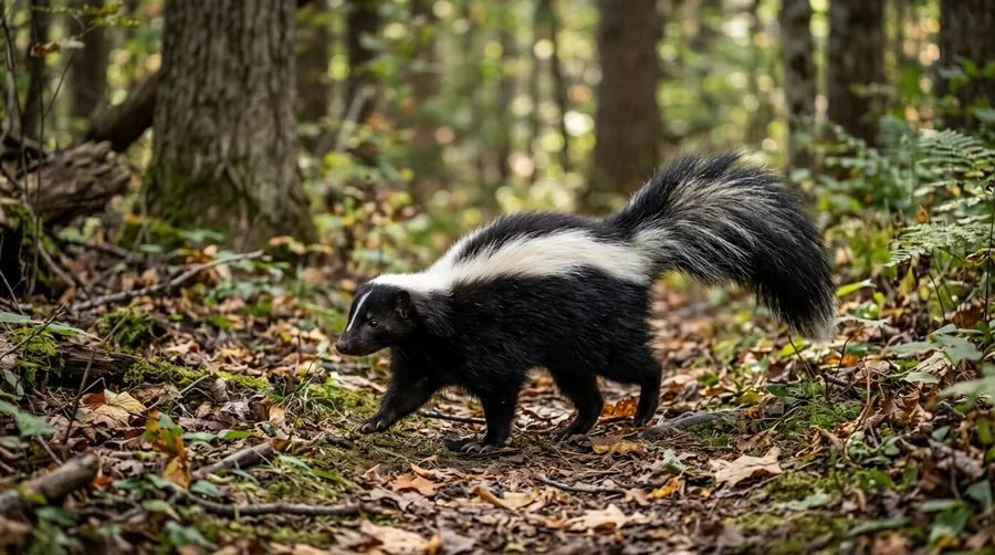 Black striped skunk with two white back stripes and a bushy tail digging in a lawn at dusk