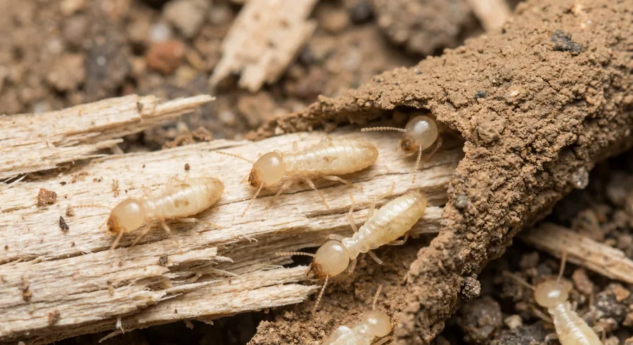 Cream-colored subterranean termite workers on damaged wood beside a soil mud tube