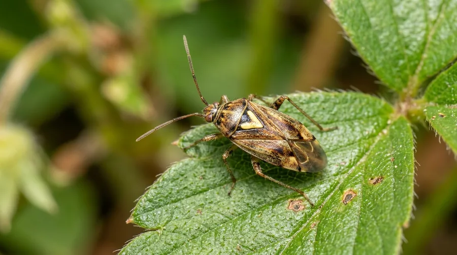 Small mottled brown tarnished plant bug with a pale triangle marking on a leaf