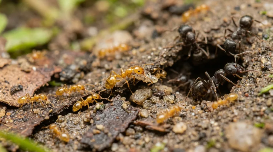 Extremely small pale yellow thief ants trailing toward a greasy food spot on a shelf