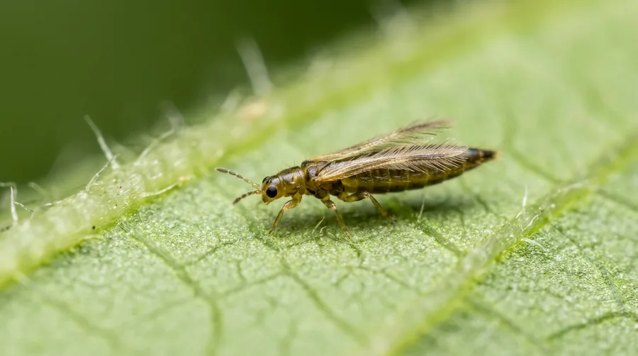 Extreme close-up of a slender yellow-brown thrips on a green leaf with silvery feeding scars