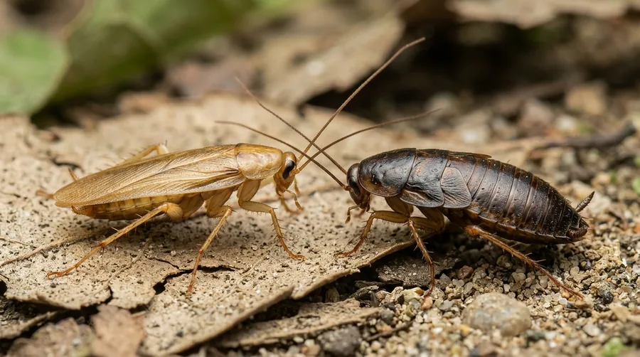 Reddish-brown male Turkestan cockroach with pale wing edges beside a darker female
