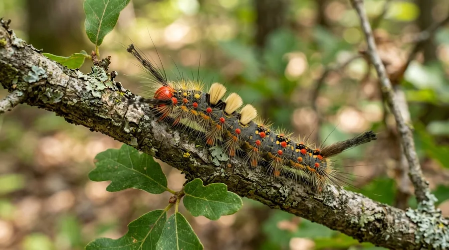 Hairy tussock moth caterpillar with four white tufts, a red head, and long black hair pencils on a leaf