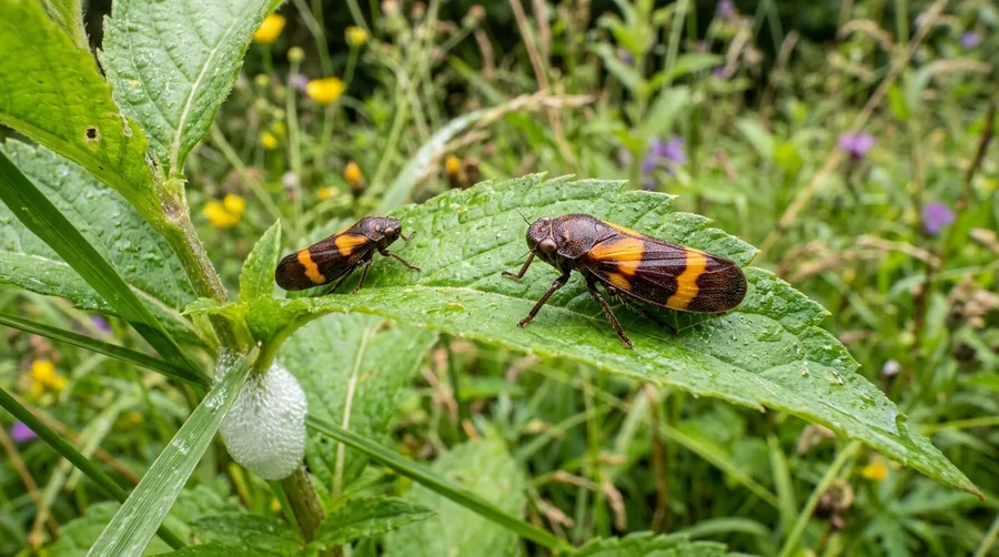 Black two lined spittlebug with two orange-red lines across its back on a blade of turfgrass