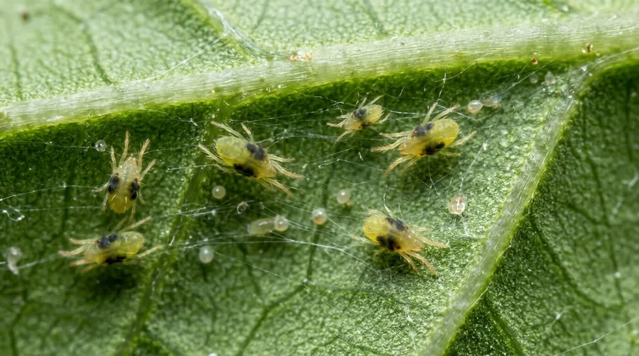 Macro view of pale two-spotted spider mites and fine webbing on the underside of a green leaf