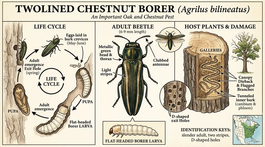 Slender black twolined chestnut borer beetle with two faint yellow stripes on oak bark