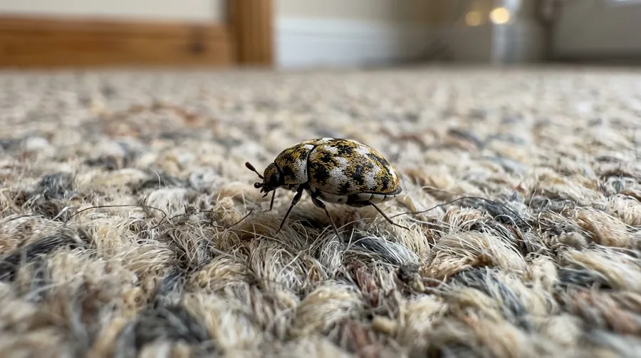 Tiny round varied carpet beetle mottled with white, brown, and yellow scales beside a bristly larva